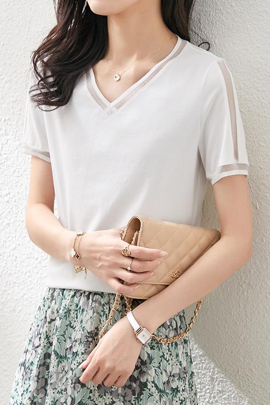 Vネックラインオーガンジー切替Tシャツ　5色入 - liwisi