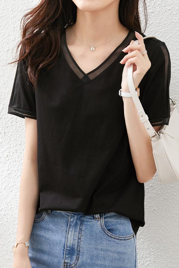 Vネックラインオーガンジー切替Tシャツ　5色入 - liwisi