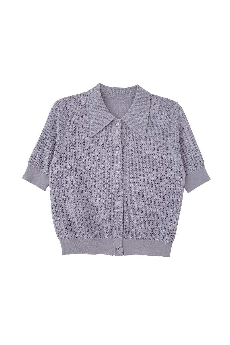ステンカラー透かし編み半袖ニットカーディガン　5色入 - liwisi