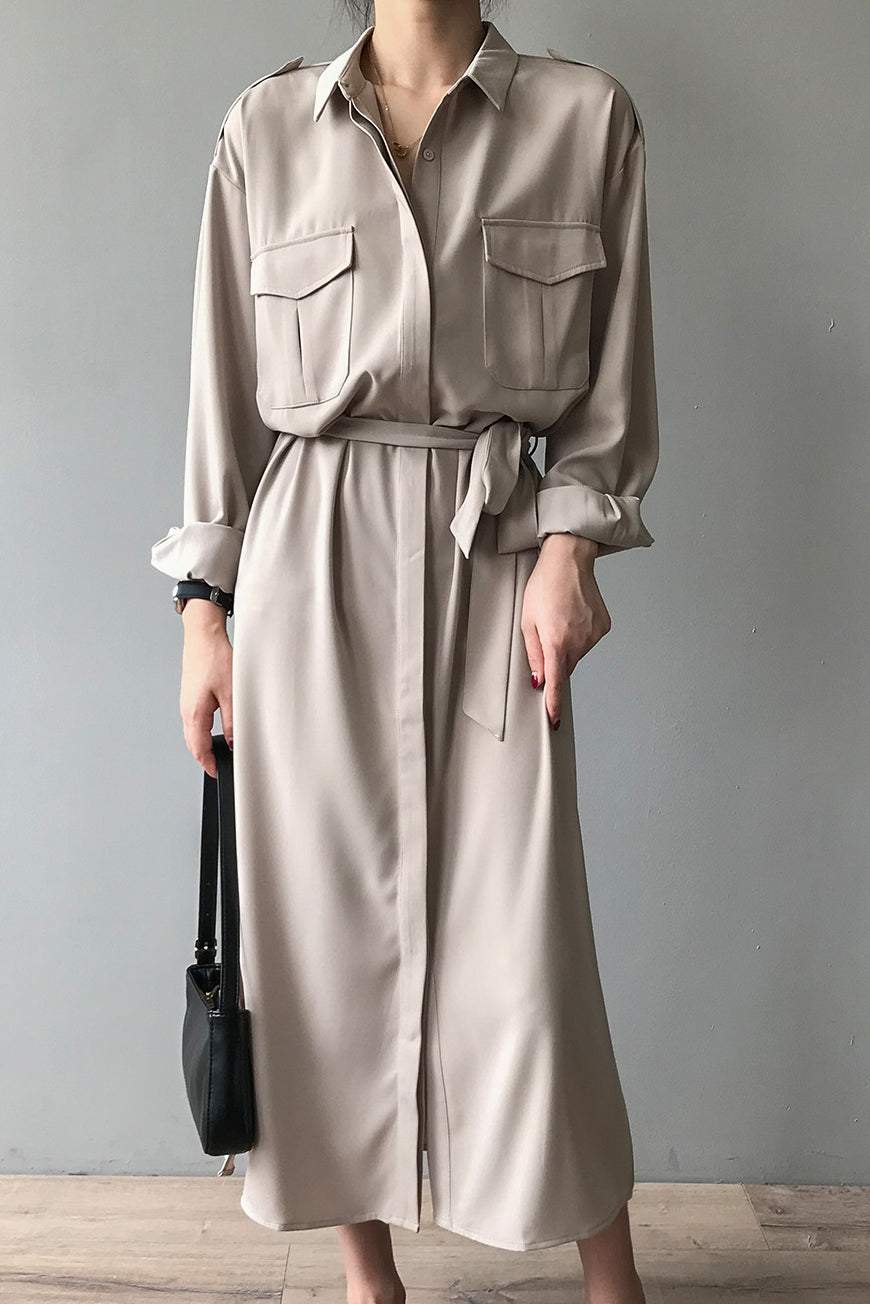 サイドスリット比翼前立てロングシャツワンピース　3色入 - liwisi