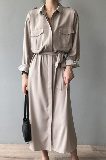 サイドスリット比翼前立てロングシャツワンピース　3色入 - liwisi