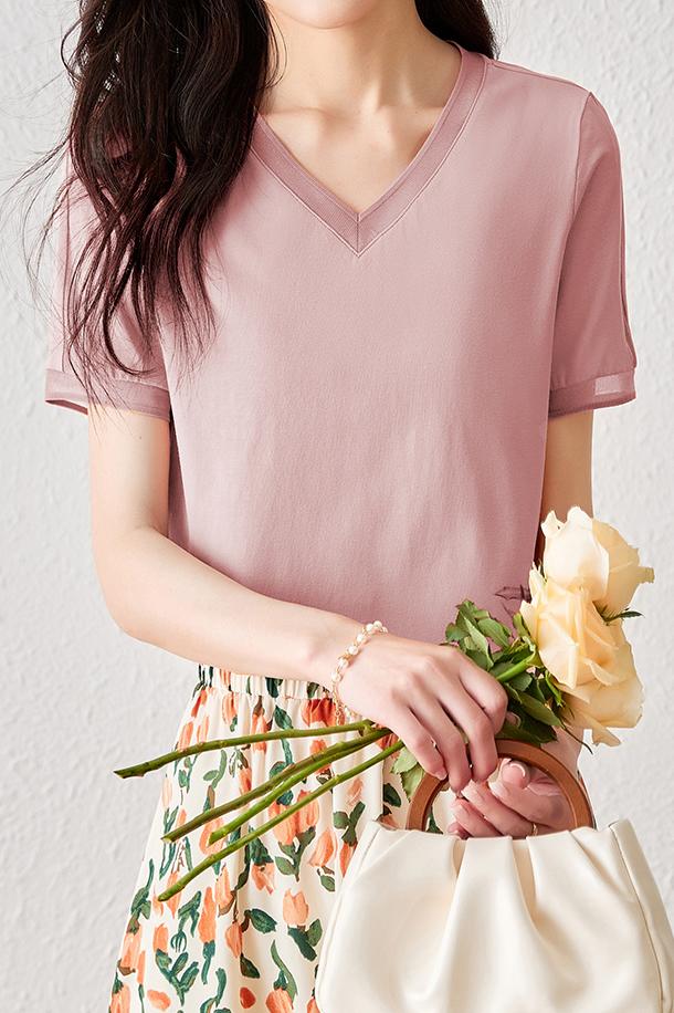 Vネックラインオーガンジー切替Tシャツ　5色入 - liwisi