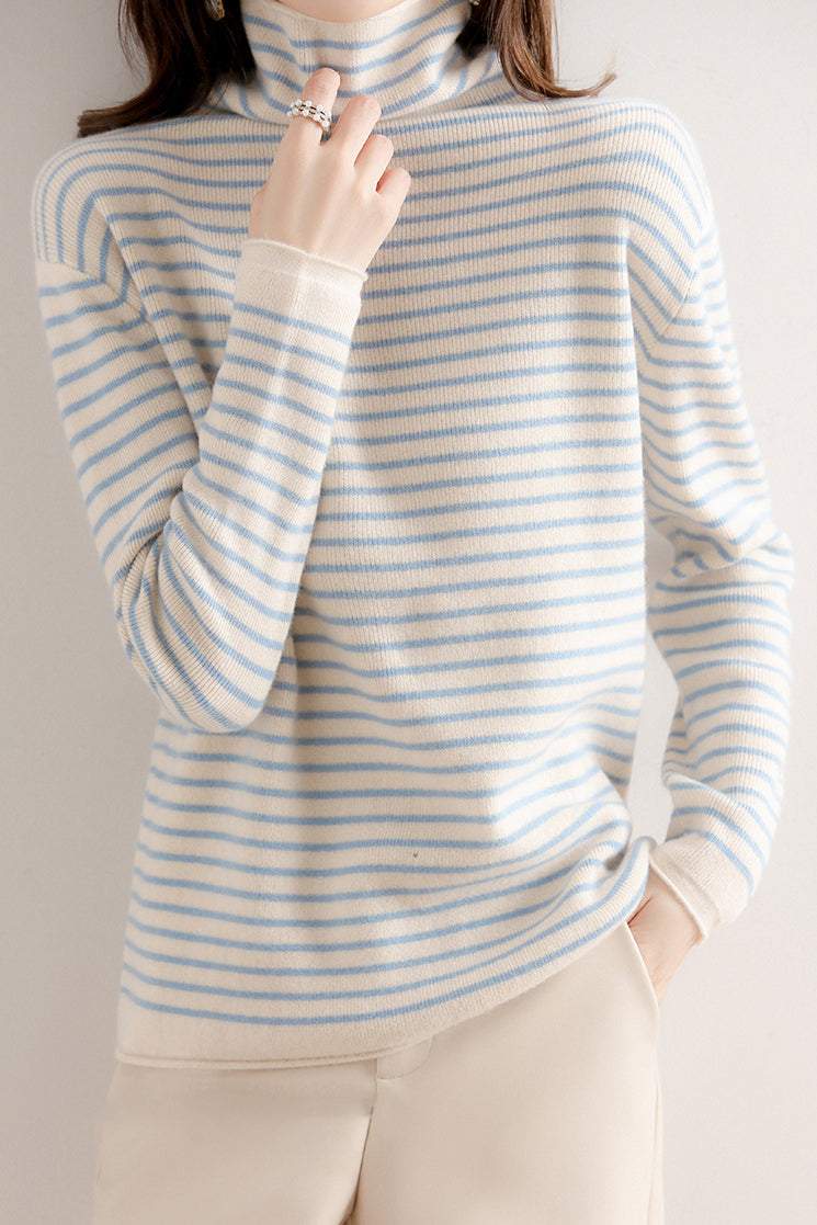 ハイネックベーシックボーダー柄ニットトップス　6色入 - liwisi