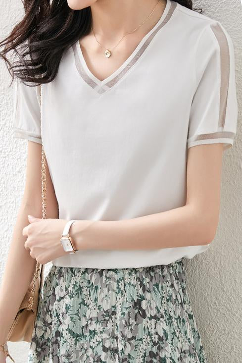 Vネックラインオーガンジー切替Tシャツ　5色入 - liwisi