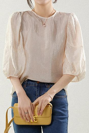 バックリボンエンボス加工パフブラウス　2色入 - liwisi