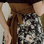 サープリスネック花柄切替リボンパフワンピース - liwisi