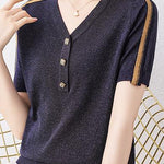 Vネック異色テープ装飾スリット糸ニット　2色入 - liwisi