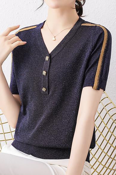Vネック異色テープ装飾スリット糸ニット　2色入 - liwisi
