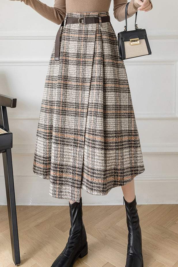 ハイウエストチェックロングラップフレアスカート　4色入 - liwisi