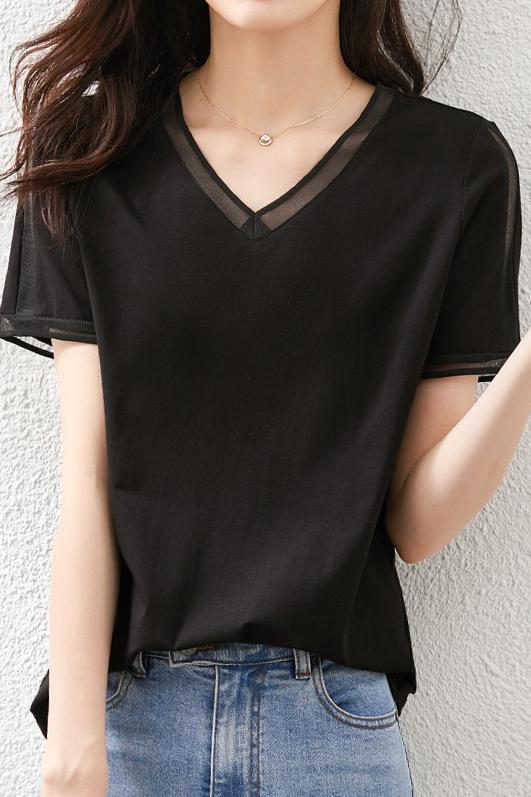Vネックラインオーガンジー切替Tシャツ　5色入 - liwisi