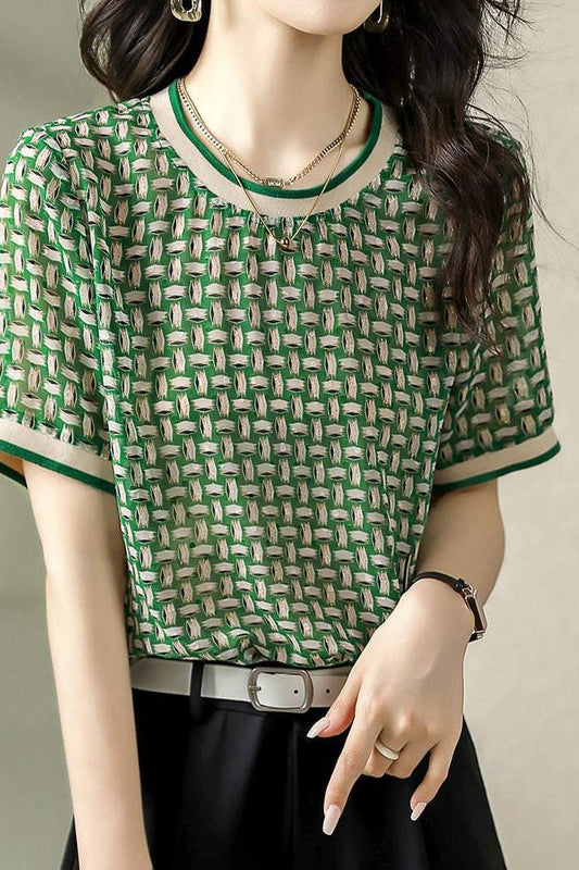 ラウンドネックリブヘムプリントTシャツ - liwisi
