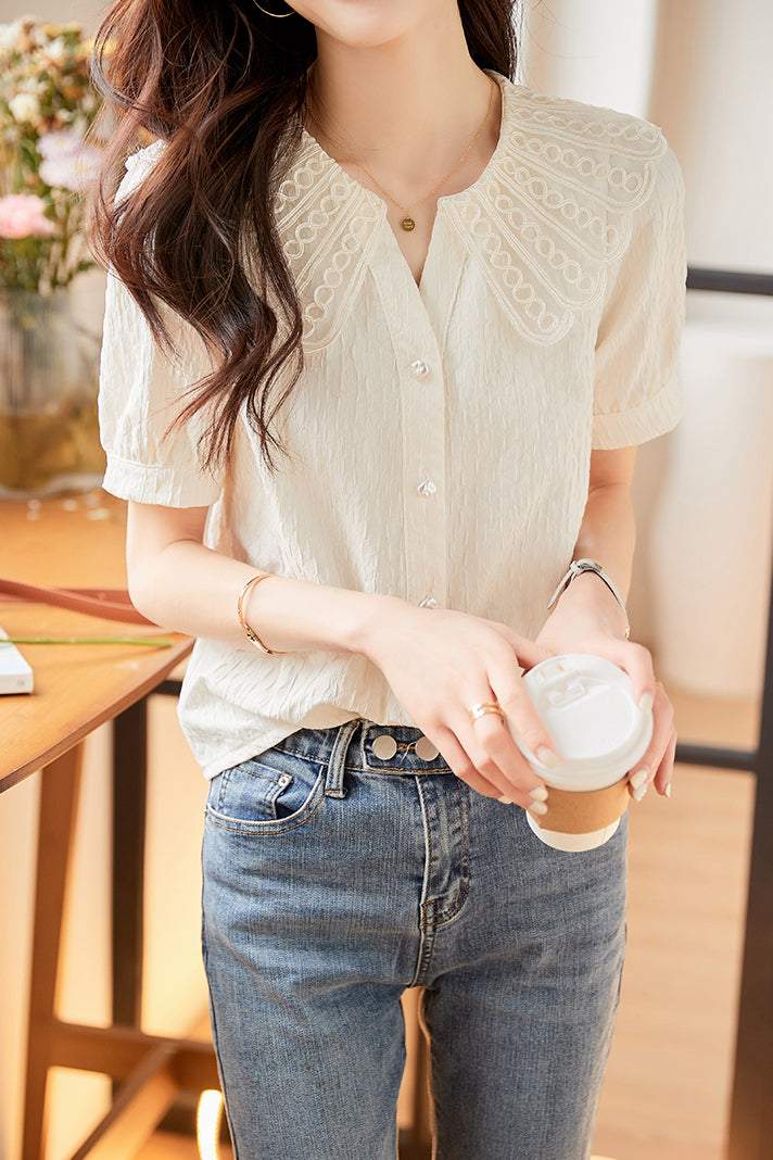 スカラップレースエンボス加工ブラウス - liwisi