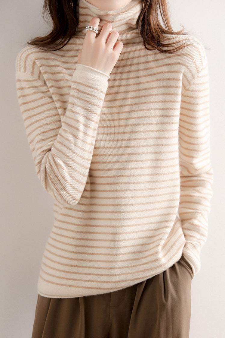 ハイネックベーシックボーダー柄ニットトップス　6色入 - liwisi
