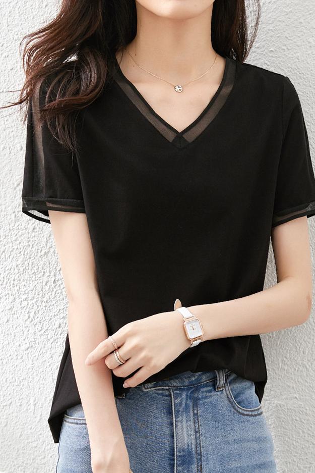 Vネックラインオーガンジー切替Tシャツ　5色入 - liwisi