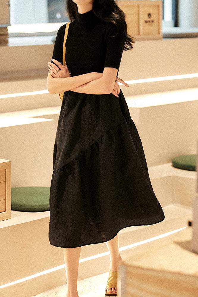 モックネックエンボスドッキングニットワンピース - liwisi