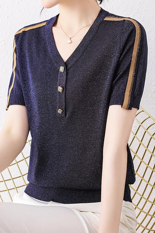 Vネック異色テープ装飾スリット糸ニット　2色入 - liwisi