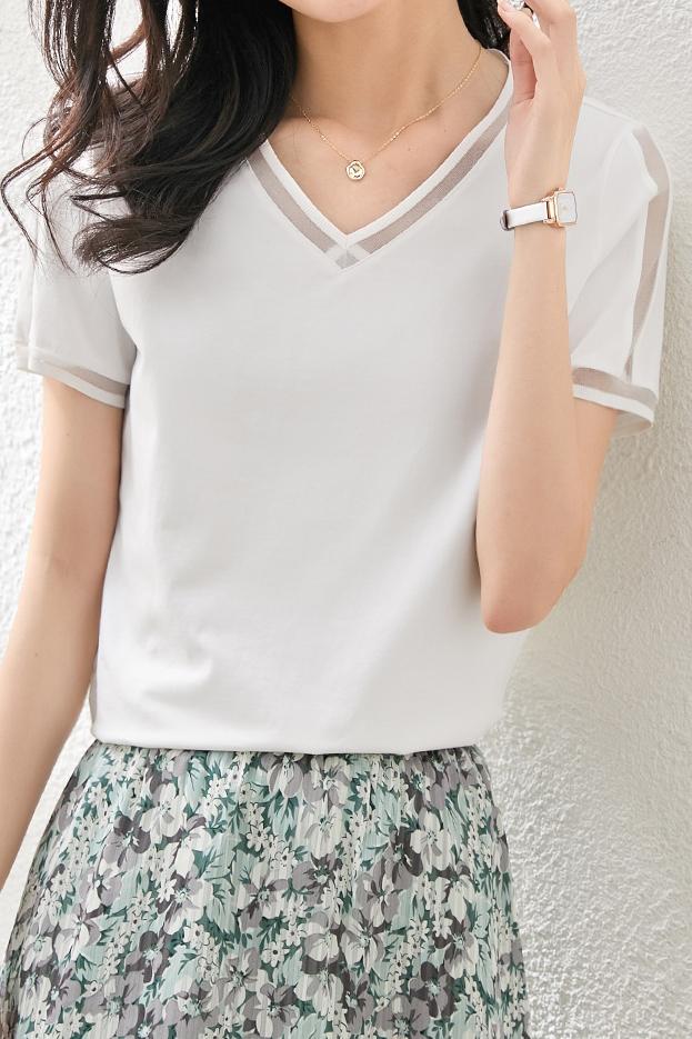 Vネックラインオーガンジー切替Tシャツ　5色入 - liwisi