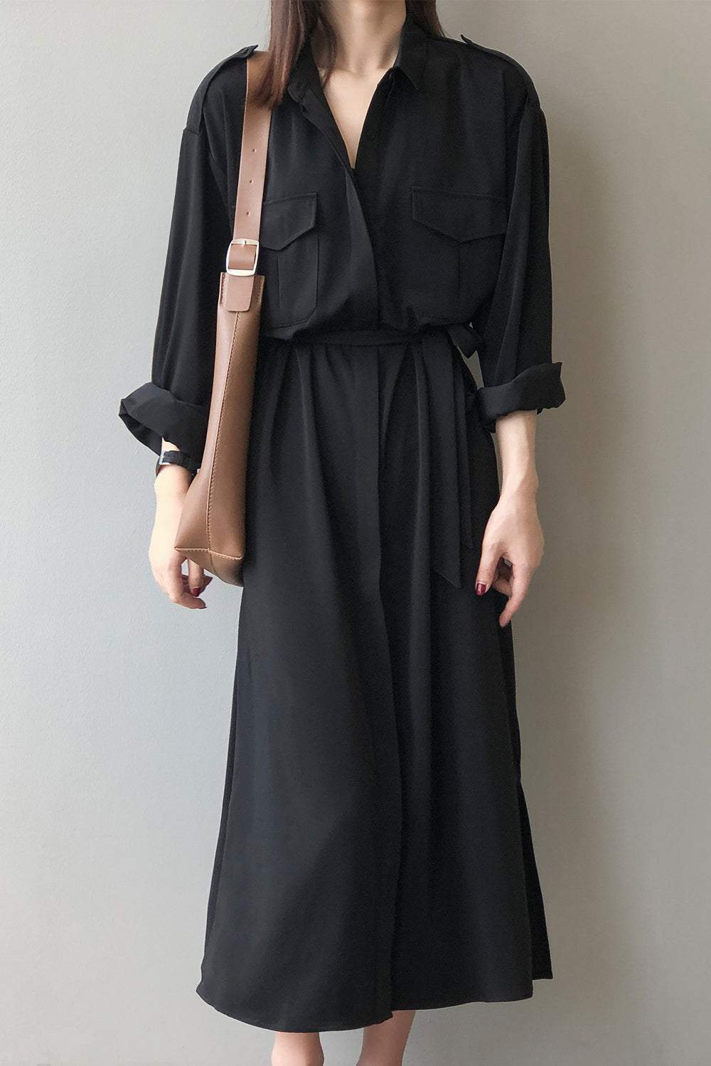サイドスリット比翼前立てロングシャツワンピース　3色入 - liwisi