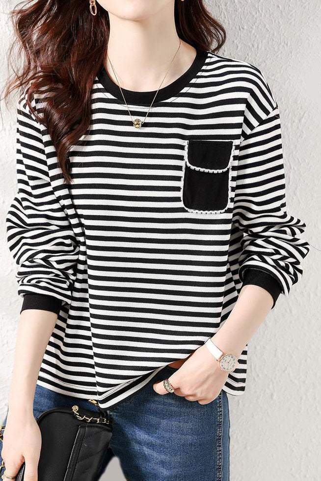レース装飾フラップポケットボーダーTシャツ - liwisi