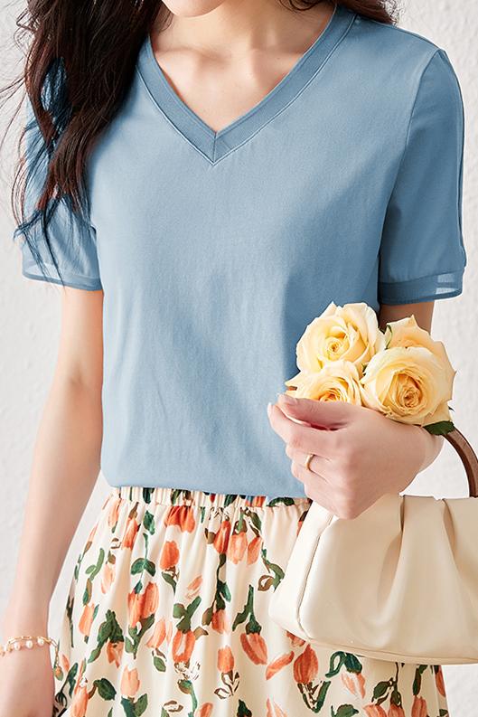 Vネックラインオーガンジー切替Tシャツ　5色入 - liwisi