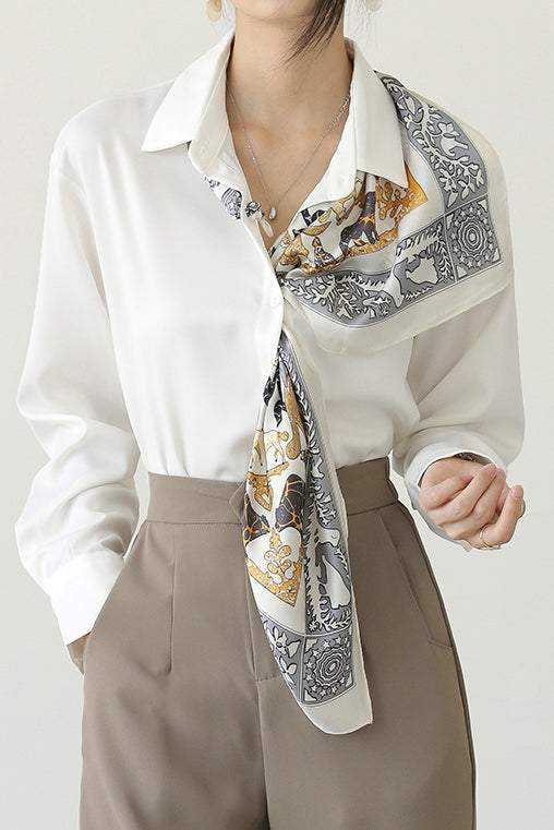 ステンカラーイラストプリントスカーフ装飾シャツ - liwisi