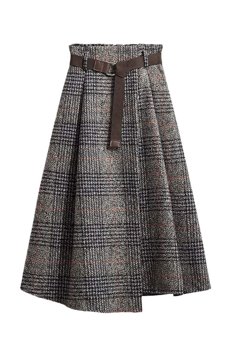 ハイウエストチェックロングラップフレアスカート　4色入 - liwisi