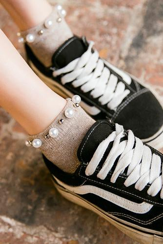 パールビーズ装飾スリット糸コットンソックス　6色入 - liwisi