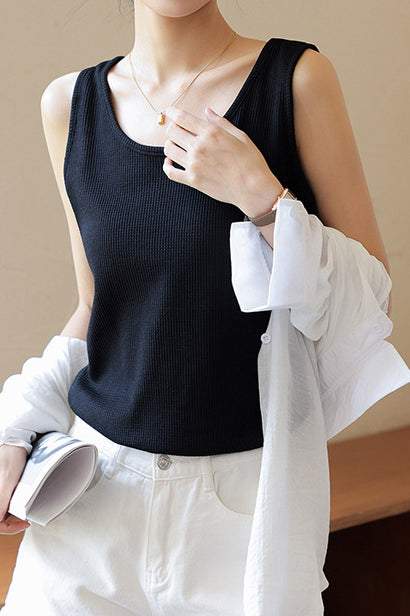 ラウンドネックワッフルパターンタンクトップス　7色入 - liwisi