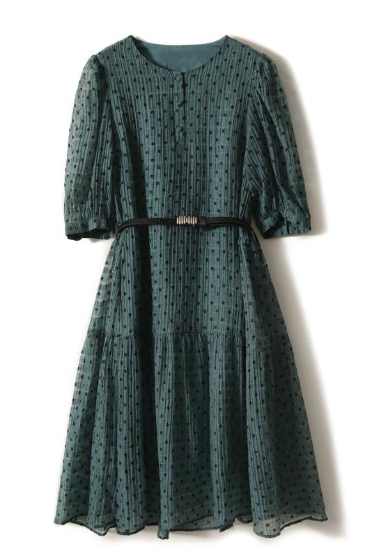 Henley neck floral pattern puff dress with belt and lining