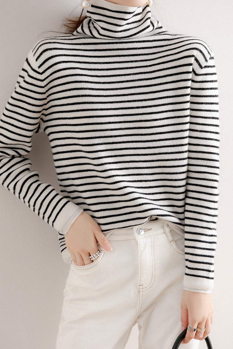 ハイネックベーシックボーダー柄ニットトップス　6色入 - liwisi