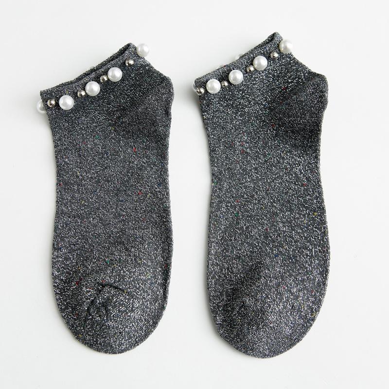 パールビーズ装飾スリット糸コットンソックス　6色入 - liwisi
