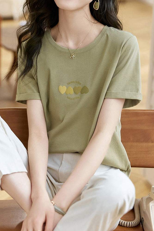 ラウンドネックハートロゴプリントTシャツ - liwisi