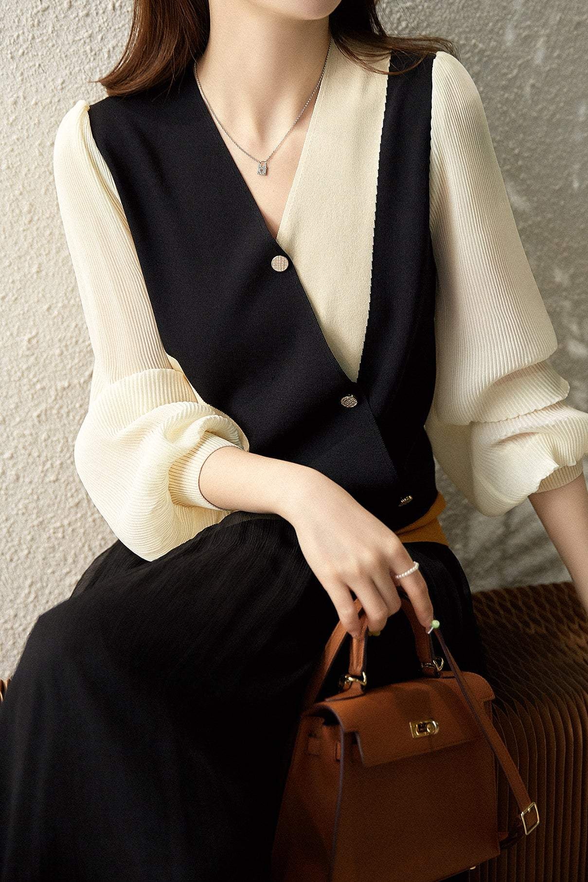 異素材Vネック多色カシュクール長袖ニット　3色入 - liwisi