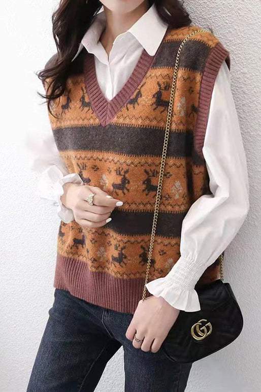 Ｖネックレトロフェアアイルニットベスト　3色入 - liwisi