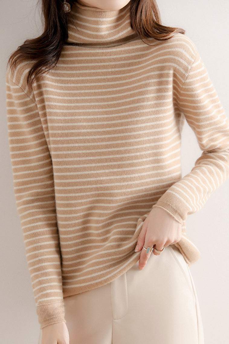 ハイネックベーシックボーダー柄ニットトップス　6色入 - liwisi