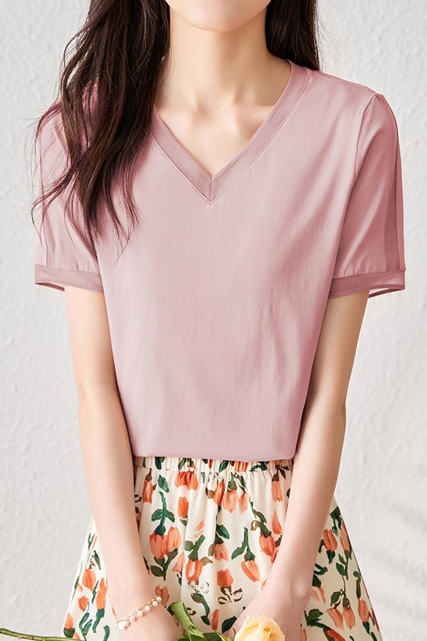 Vネックラインオーガンジー切替Tシャツ　5色入 - liwisi