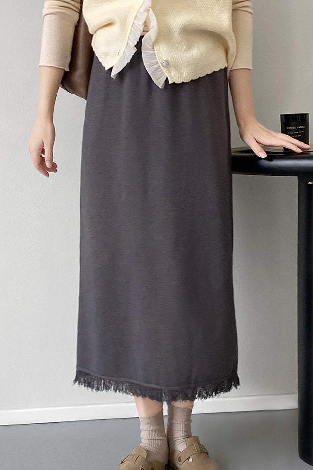 バックスリットフリンジヘムロングニットスカート　4色入 - liwisi