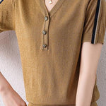 Vネック異色テープ装飾スリット糸ニット　2色入 - liwisi
