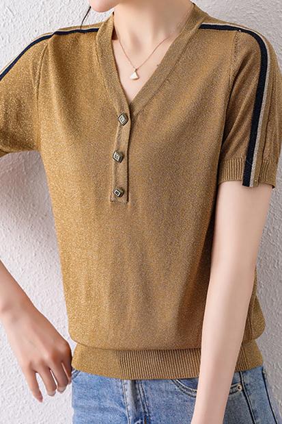 Vネック異色テープ装飾スリット糸ニット　2色入 - liwisi