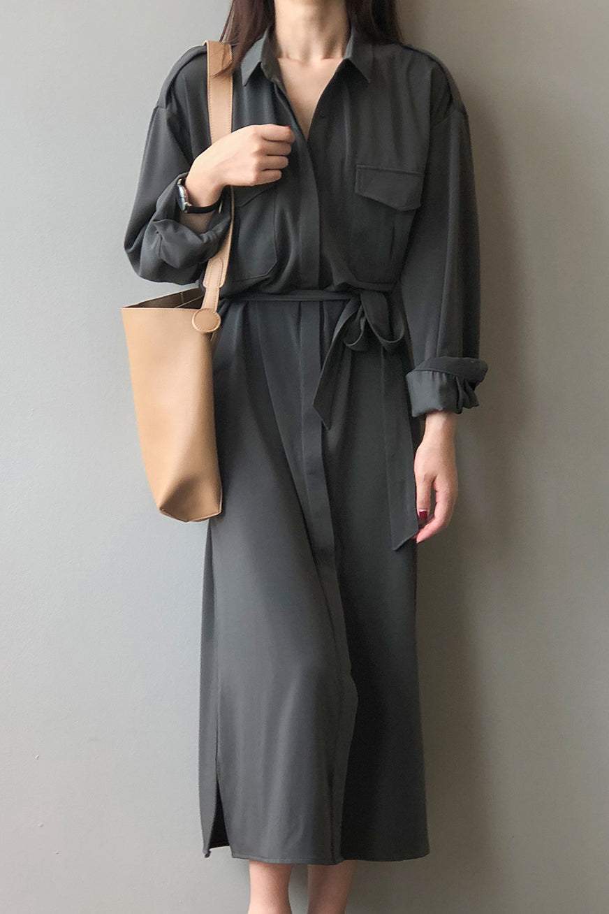 サイドスリット比翼前立てロングシャツワンピース　3色入 - liwisi