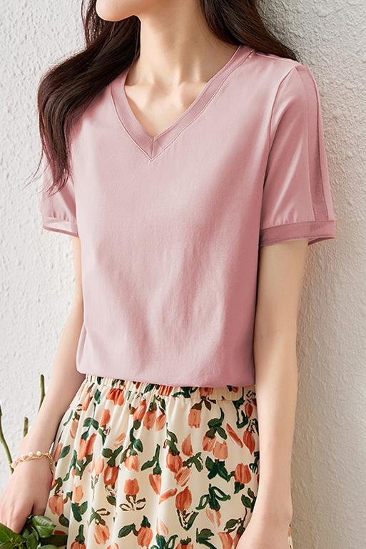 Vネックラインオーガンジー切替Tシャツ　5色入 - liwisi