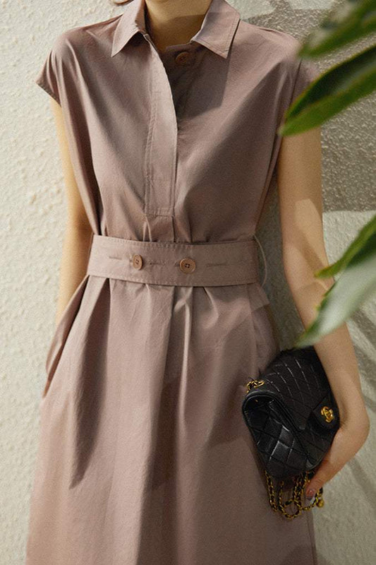 フレンチスリーブボタンベルテッドワンピース　4色入 - liwisi