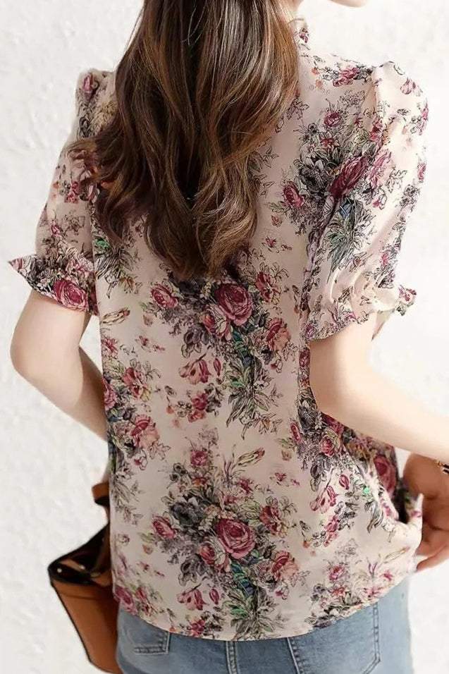 フリルカラーピンタック切替ボタニカルシフォンブラウス - liwisi
