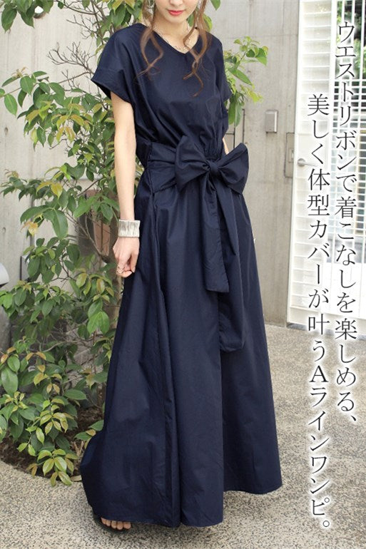 Ｖネックリボン結びマキシワンピース 五分袖　シンプル　ベーシック　裾広がり　着瘦せ　五色入 - liwisi